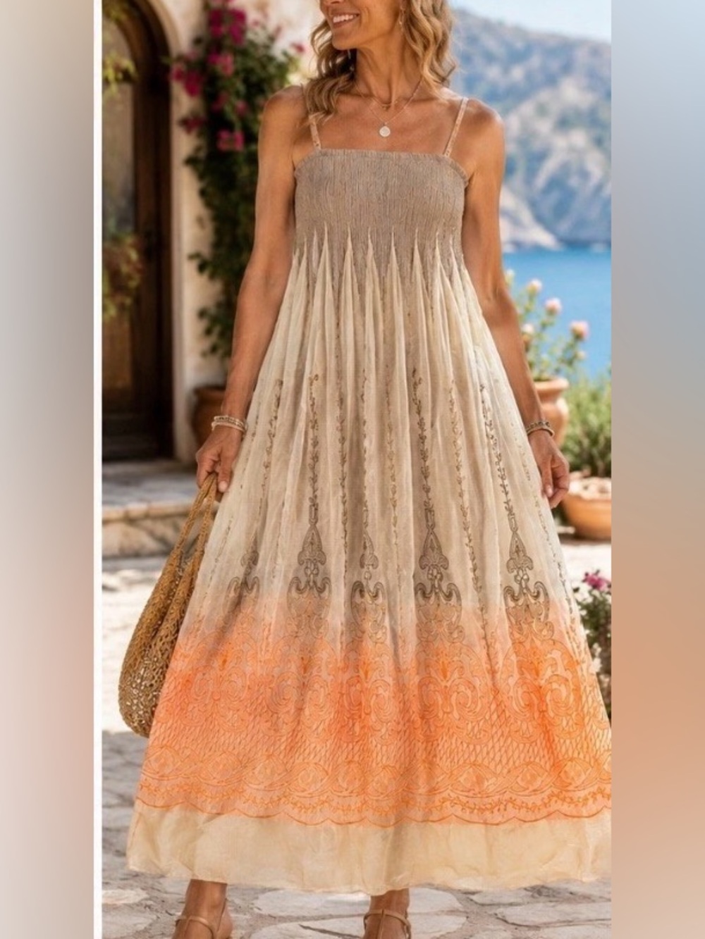 Lapis Smocked Embroidered Ombre Maxi Dress Boho